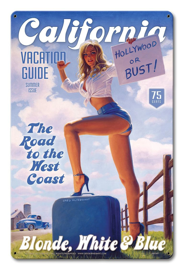 California Vacation Guide Pin Up Girl art on metal sign by Greg Hildebrandt vintage style home decor wall art PS