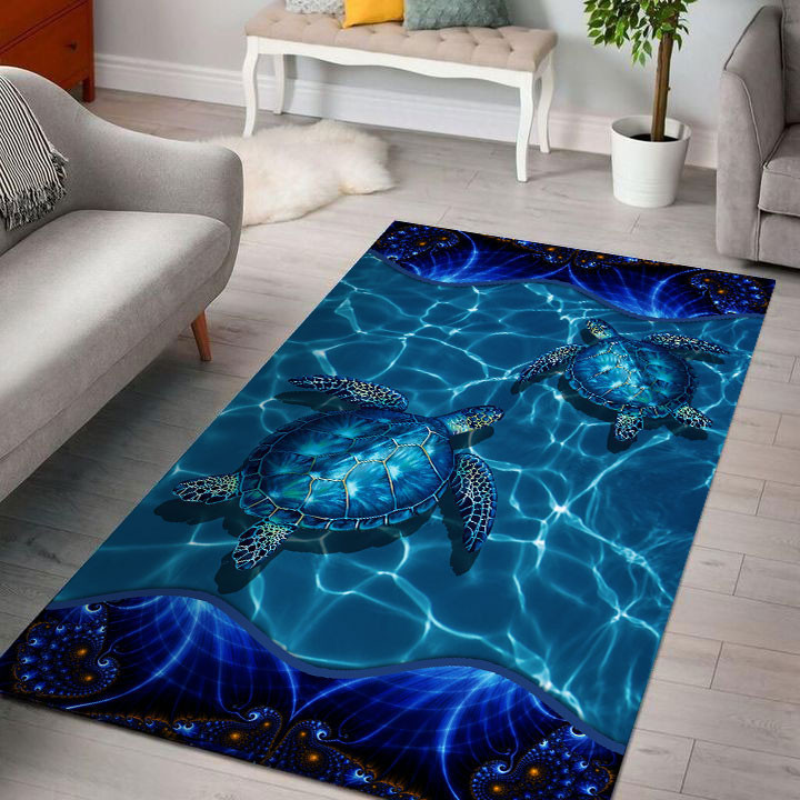 Amazing Couple Ocean Turtle Blue Rectangle Rug Carpet Washable Rugs Small (3 X 5 FT)