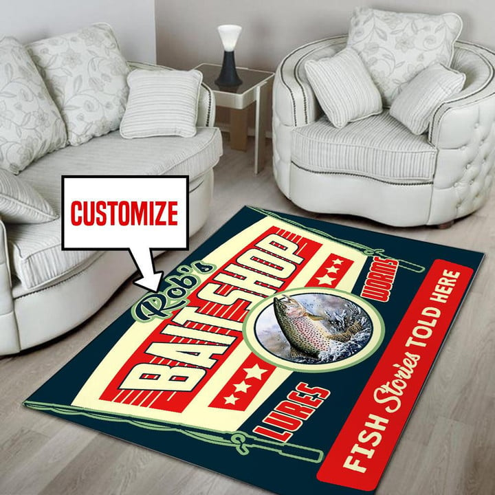 Personalized Bait Shop Lures And Worms Fist Stories Told Here Area Rug Carpet  Small (3x5ft)