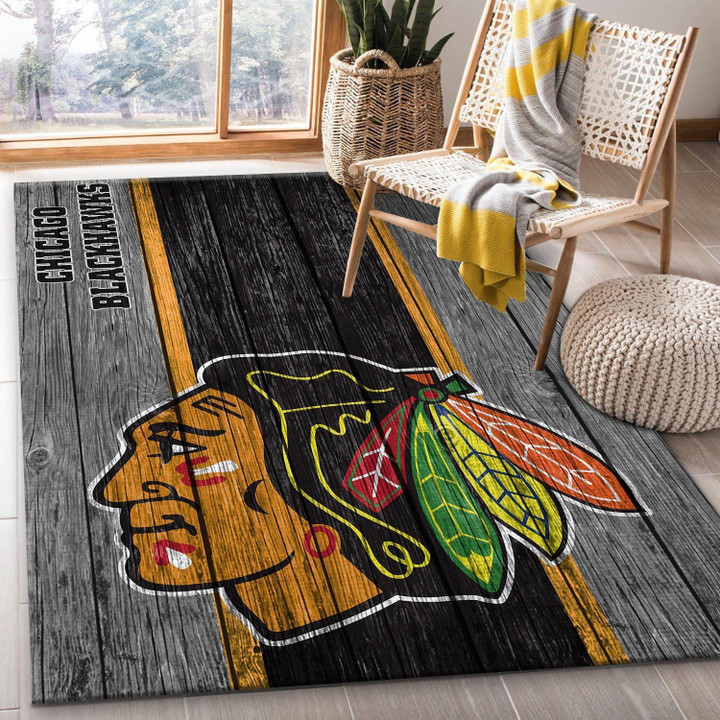 Chicago Blackhawks NHL Team Logo Wooden Style Nice Gift Home Decor Rectangle Area Rug Indoor Outdoor Rugs