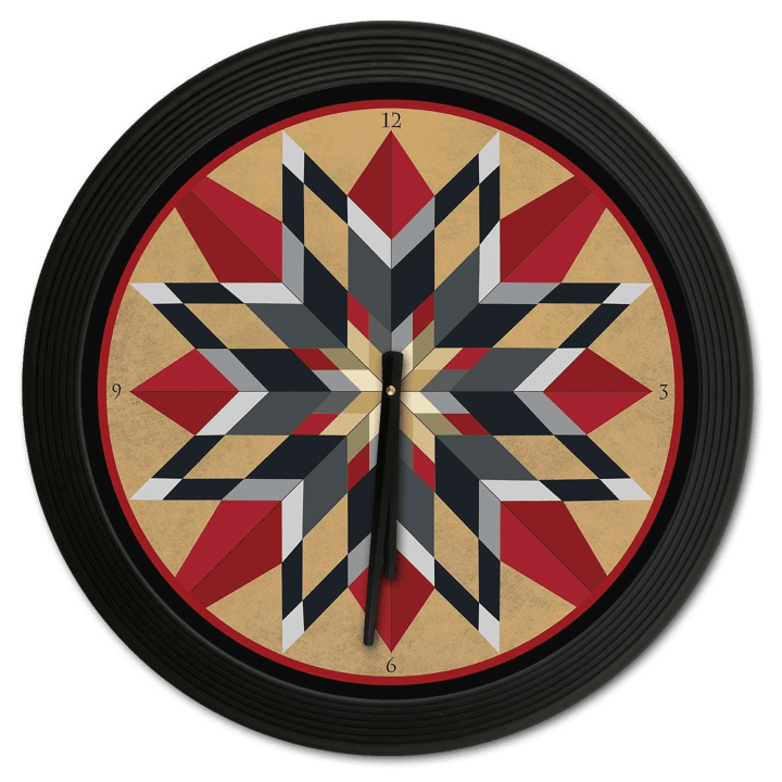 Barn Quilt 16 Point Star Design  Inch Round Black Frame Clock amish dutch country home decor garage art