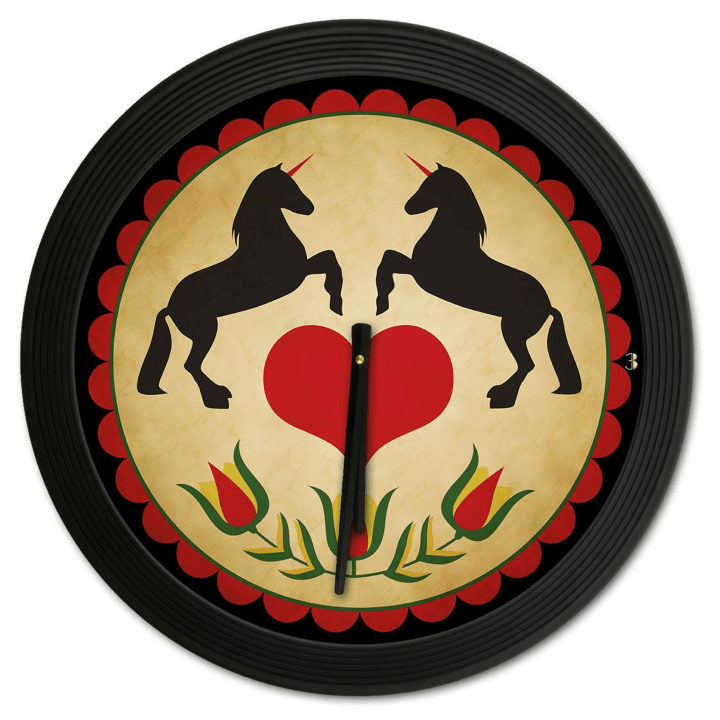 Barn Quilt Unicorns & Heart Hex Design  Inch Round Black Frame Clock amish dutch country home decor garage art