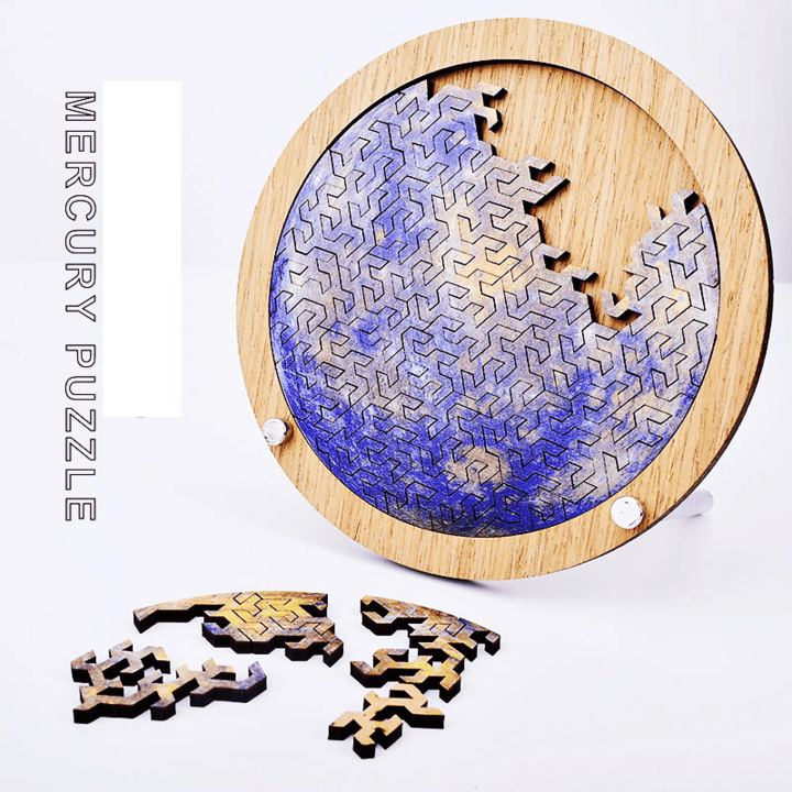 Wooden Jigsaw Puzzle, Best Gift for Adults and Kids, Unique Shape Jigsaw Fantasy lines, Small desktop puzzle, Mercury, universe planet