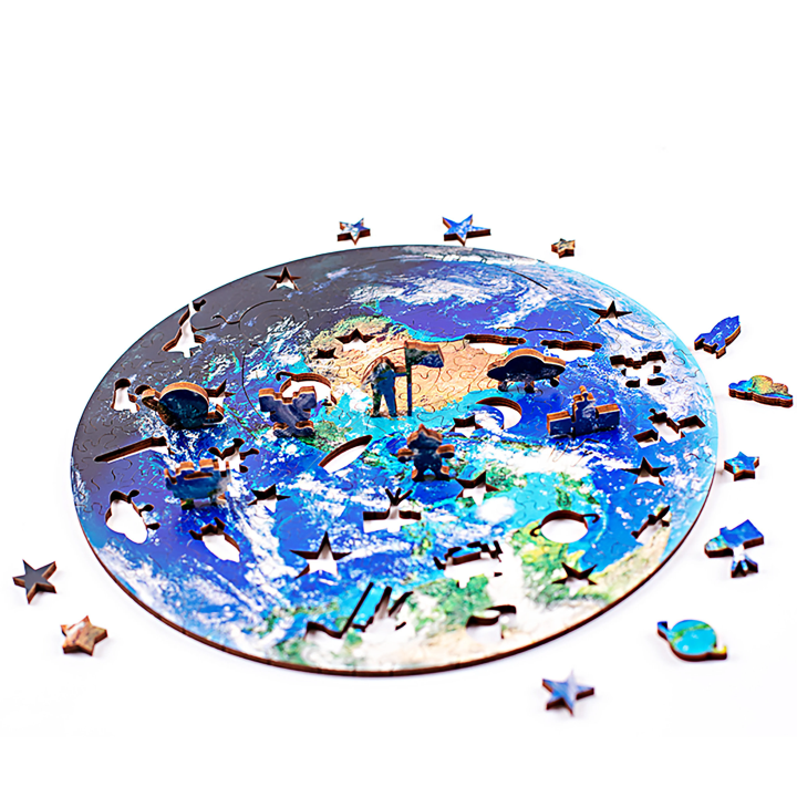 Earth puzzle Wooden jigsaw puzzle, best gift for adults and kids, unique shape puzzle pieces space planet earth