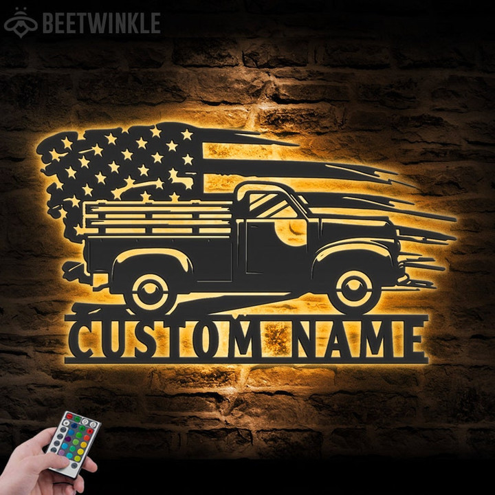 Custom US Farm Truck Driver Metal Wall Art LED Light Personalized Pick Up Truck Name Sign Home Decor Delivery Truck Decoration Birthday Xmas
