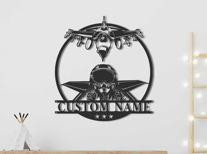 Personalized Fighter Jet Pilot Metal Sign Led Lights, Custom Aircraft Air Force Name Sign Home Decor Military Plane Decoration Birthday Gift