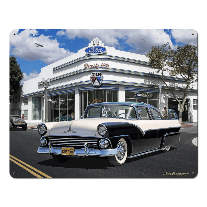 1955 Ford Kustom Beverly Hills Dealership Custom Shape Metal Sign -  Vintage Style Retro Garage Art