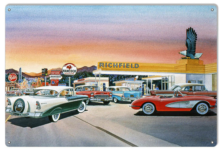 Richfield Service Gas Station Classic Cars Sign By Jack Schmitt - Vintage Style Retro Garage Art