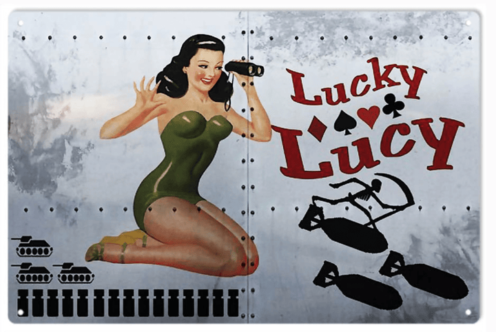 Lucky Lucy Wwii Aircraft Nose Art Pinup Girl Metal Sign Vintage Style Retro Aviation Garage Art Wall Decor