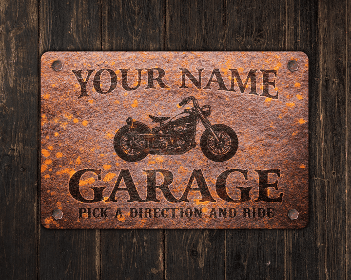 Motorcycle Sign - Custom Biker Garage - Personalized Metal Sign - Rusted Design