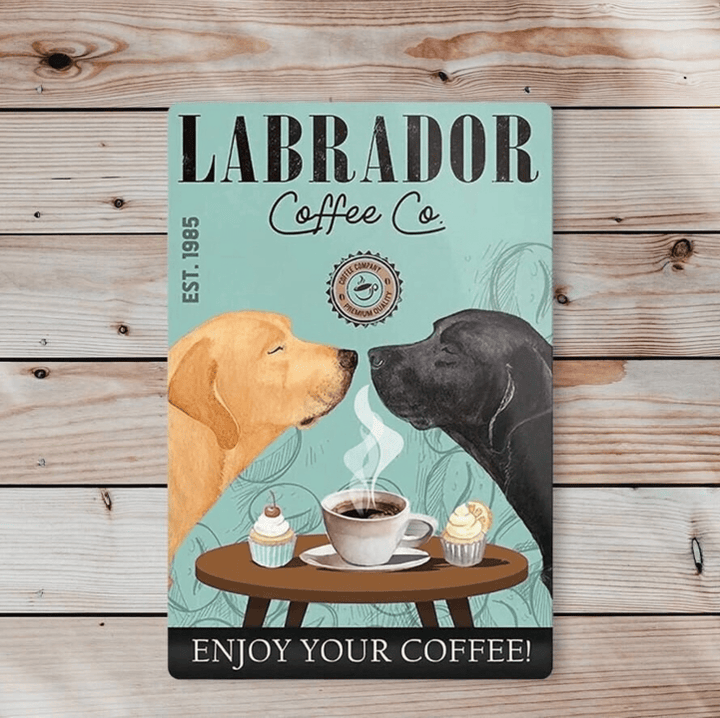 Retro Tin Sign - Labrador Coffee Co. Enjoy You Coffee Sign - Dogs Art Poster - Dogs Lovers Gifts - Vintage Bar Cafe Art Wall Decor In