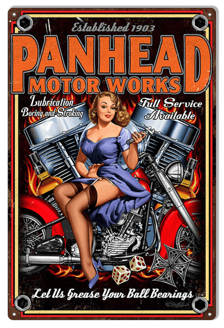Panhead Motor Works Motorcycle Pinup Girl Metal Sign Or Canvas Art Hot Rod Home Decor Wall Art Sm