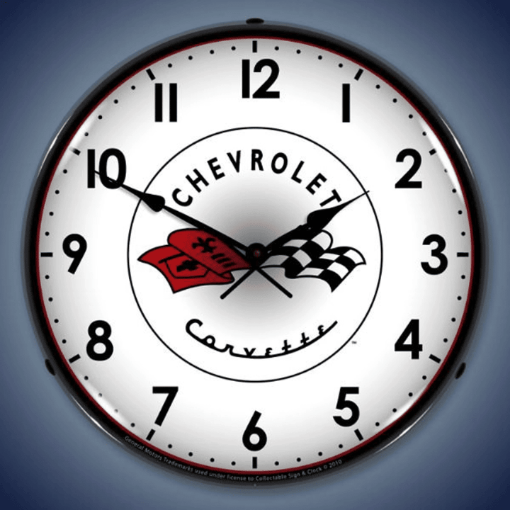 Led C1 Corvette Flag Emblem Backlit Lighted Advertising Sign Clock Vintage Style Retro Auto Gas Oil Garage Art