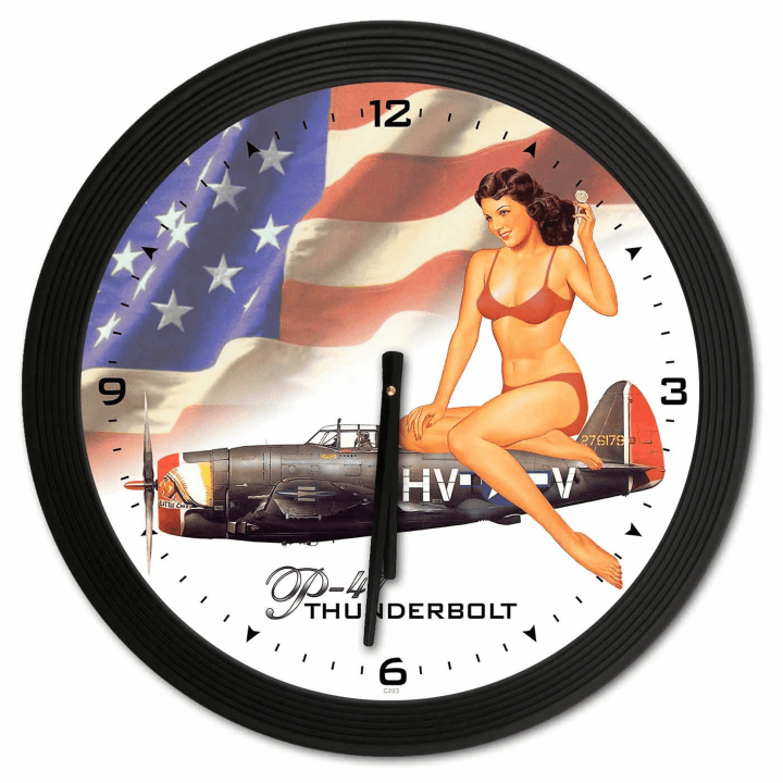 Thunderbolt Pinup Girl Airplane Sign Clock American Made Aviation Military Wall Decor Art