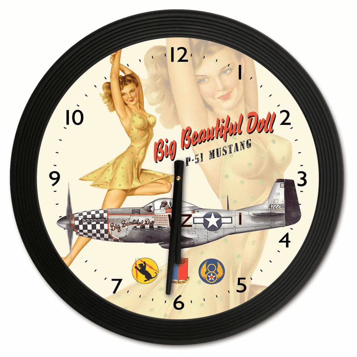 Mustang Big Beautiful Doll Pinup Girl Airplane Sign Clock American Made Aviation Military Wall Decor Art