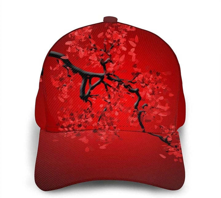 Red Cherry Blossom Baseball 3D Cap Adjustable Hat Dad Cap Athletic Baseball Fitted Cap Hat Classic Cap