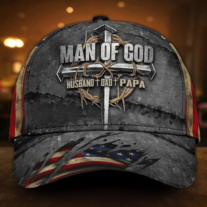 Cross Man Of God Jesus Husband Dad Papa American Flag Hat Classic Cap