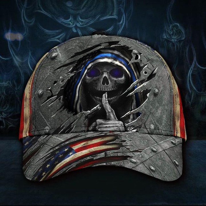 Skull Thin Blue Line Hat 3D Print Vintage Usa Flag Patriotic Merchandise Hat Classic Cap