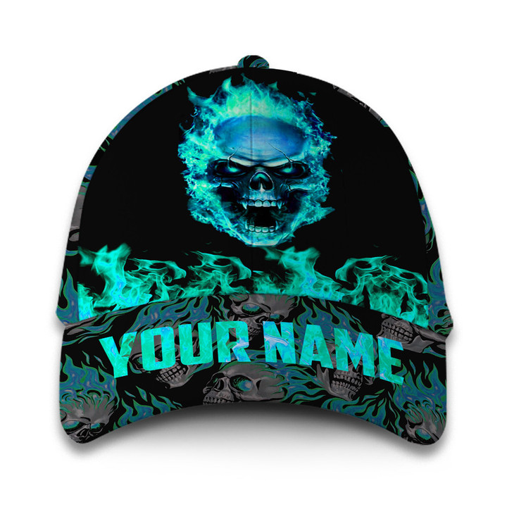 Personalized Custom Name Mint Fire Skull Hat Classic Cap