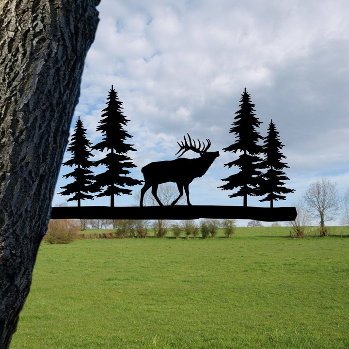Elk Metal Tree Stake, Mountain Steel Art, Gift For Him Laser Cut Metal Signs 12x12IN