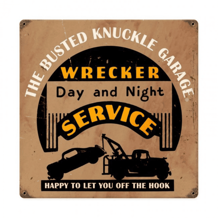 Busted Knuckle Garage Wrecker Service Metal Sign Powder Coated Vintage Style Retro Garage Art Wall Decor