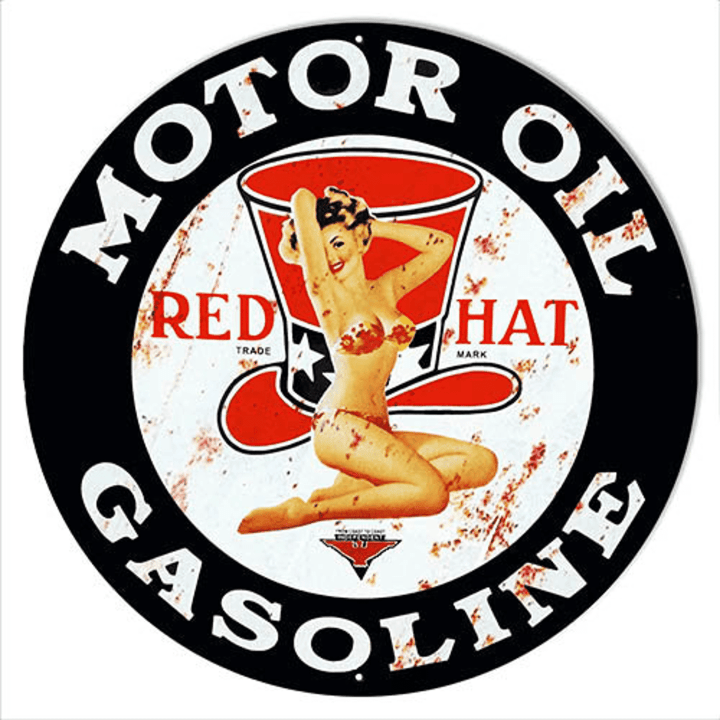 Red Hat Motor Oil & Gasoline Pin Up Girl Metal Sign Available Vintage Style Retro Garage Art