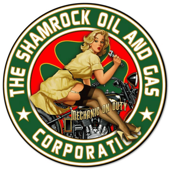 Shamrock Oil & Gas Pinup Girl Metal Sign Auto Car Gas Oil Hot Rod Garage Art Wall Decor