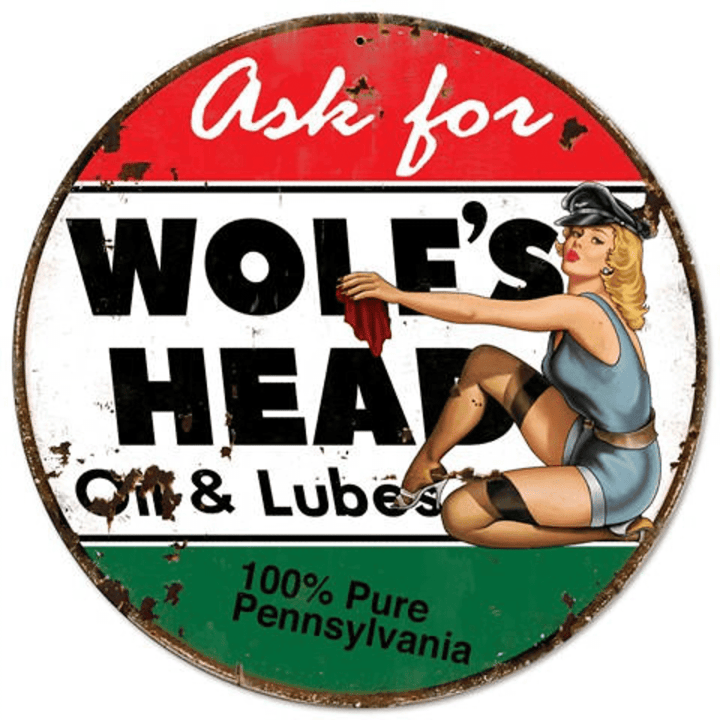 Wolfs Head Motor Oil Pinup Girl Metal Sign Auto Car Gas Oil Hot Rod Garage Art Wall Decor