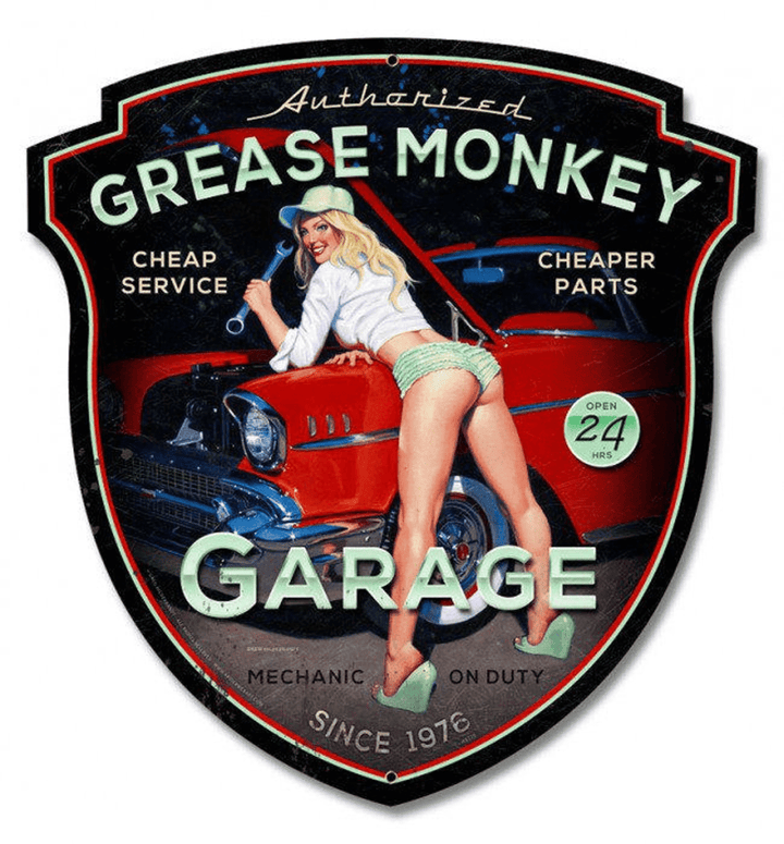 Grease Monkey Garage Pinup Girl - Plasma Cut Shaped Metal Advertising Sign Vintage Style Retro Gas Oil Garage Art Wall Decor