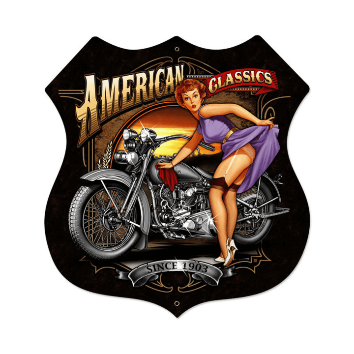 American Biker Pinup Girl Plasma Custom Shape Metal Sign - Available Vintage Style Retro Gas Oil Garage Art Wall Decor