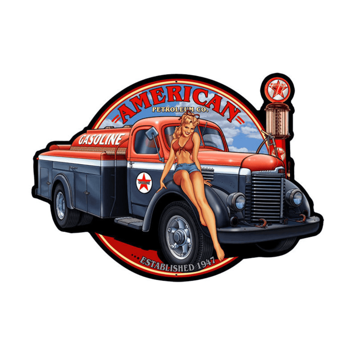American Petroleum Pinup Girl Plasma Custom Shape Metal Sign Vintage Style Retro Gas Oil Garage Art Wall Decor