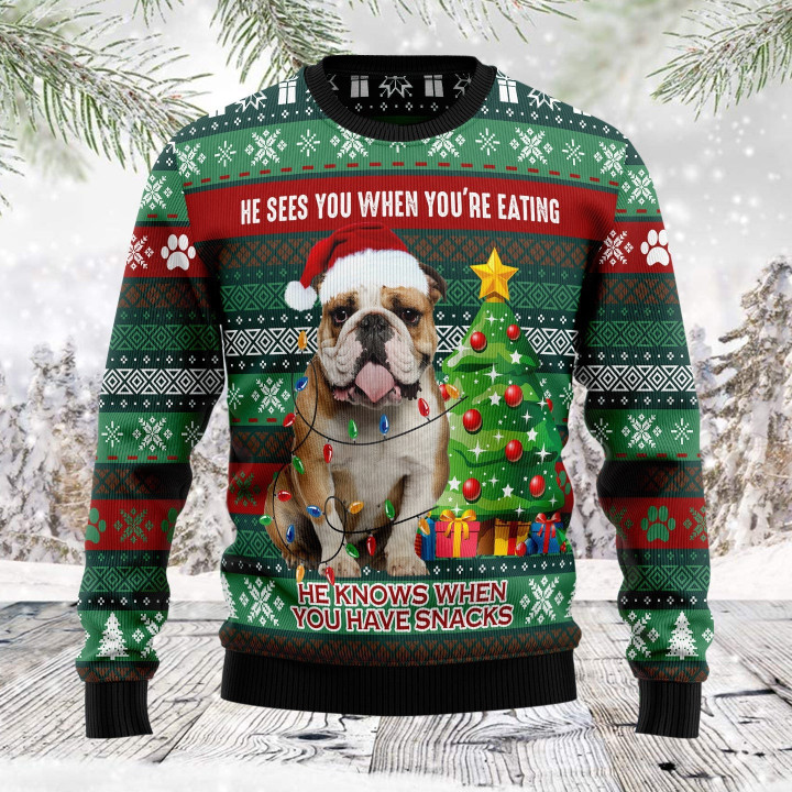 Bulldog Loves Snacks Funny Family Ugly Christmas Sweater - Ugly Christmas Sweater - Funny Xmas Sweaters