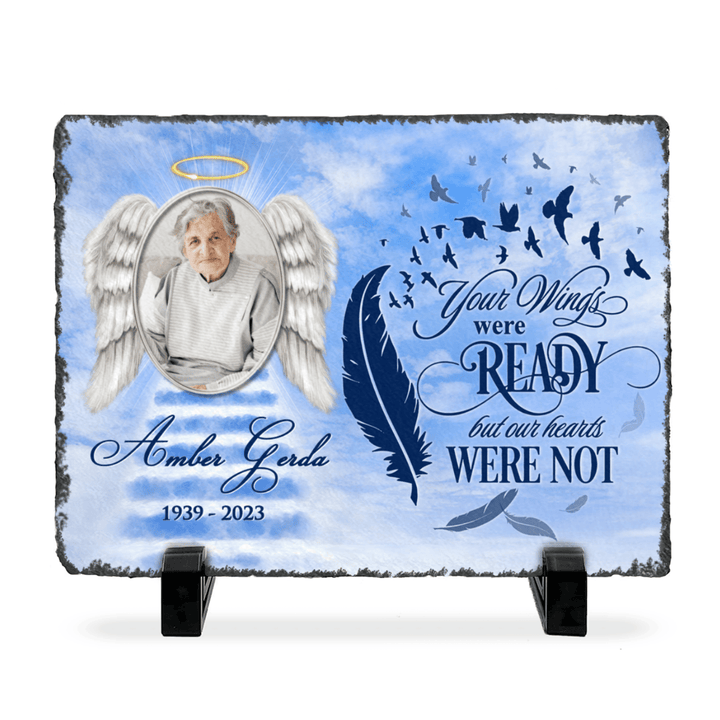 Personalized Memorial Rock Stone, Custom Photo Slate, Your Wings Were Ready My Heart Was Not Stone
