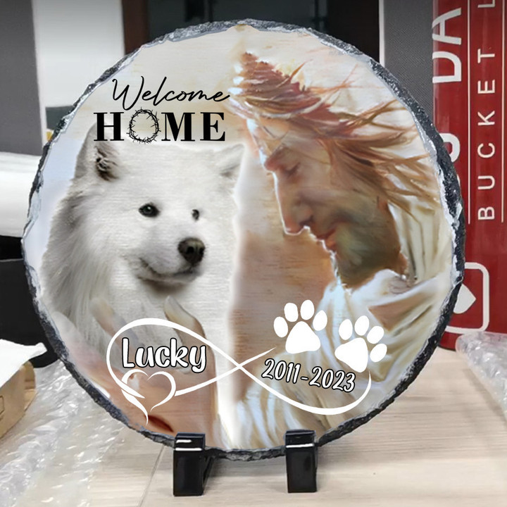 Personalized Samoyed Memorial Stone, Jesus and Dog Safe in His Arm, Pet Memorial Gift for Lost of Dog, Sympathy Gift