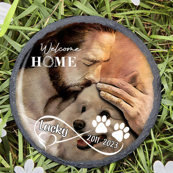 Personalized American Eskimo Memorial Stone, Dog with Jesus Hug in Hand, Pet Memorial Gift for Lost of Dog, Dog Sympathy Gift