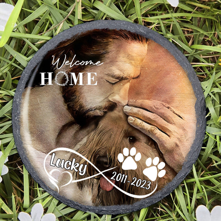Personalized Soft Coated Memorial Stone, Dog with Jesus Hug in Hand, Pet Memorial Gift for Home or Garden, Loss of Dog Gift