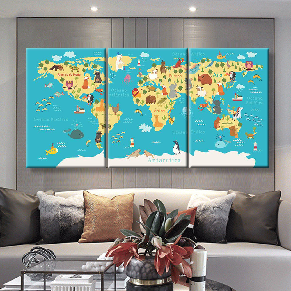 Animals World Map For Kids Room World Map Multi Panel Wall Art ...