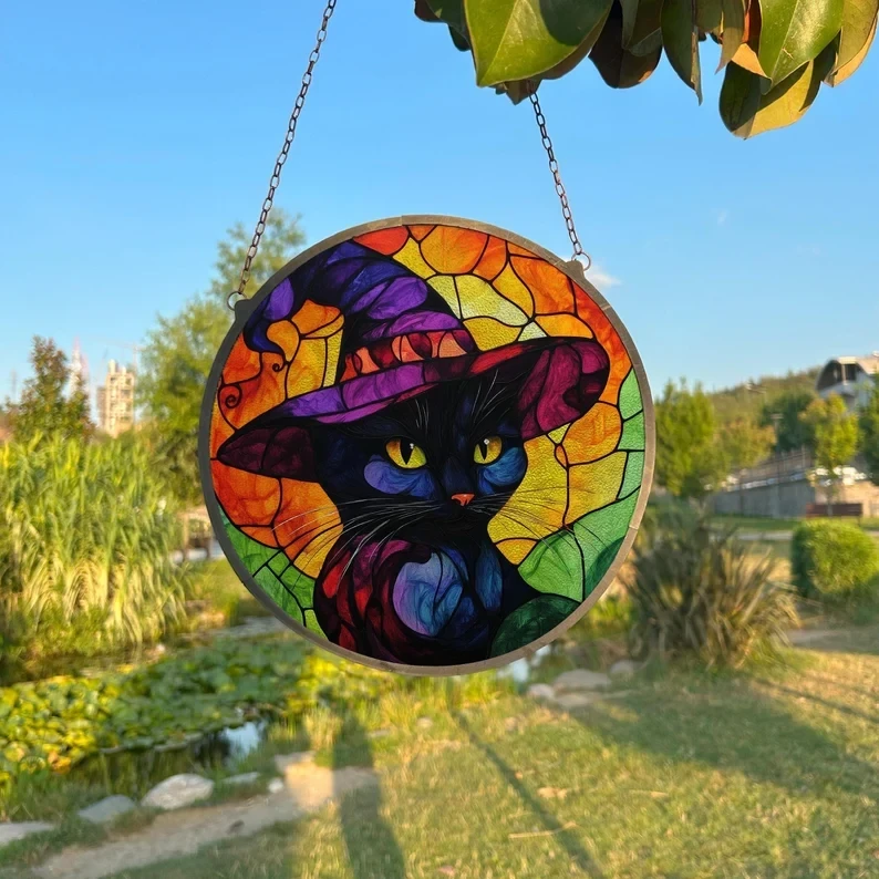 Black Cat In Witch Hat Painted Stained Glass Suncatcher, Window Hanging ...