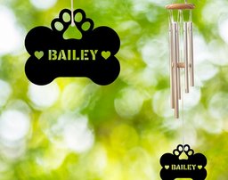 Customized Pet Dog Metal Tail Wind chimes Alumium, Pet Black metal sign, outdoor tree hanger, dog memorial, dog paw prints bone custom name    Without LED 12 inches