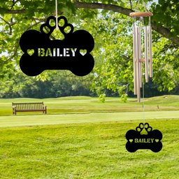 Customized Pet Dog Metal Tail Wind chimes Alumium, Pet Black metal sign, outdoor tree hanger, dog memorial, dog paw prints bone custom name    Without LED 18 inches