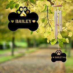 Customized Pet Dog Metal Tail Wind chimes Alumium, Pet Black metal sign, outdoor tree hanger, dog memorial, dog paw prints bone custom name    Without LED 24 inches