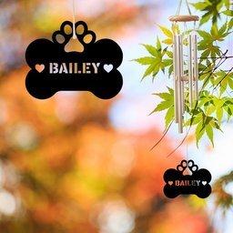 Customized Pet Dog Metal Tail Wind chimes Alumium, Pet Black metal sign, outdoor tree hanger, dog memorial, dog paw prints bone custom name    Without LED 30 inches