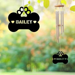 Customized Pet Dog Metal Tail Wind chimes Alumium, Pet Black metal sign, outdoor tree hanger, dog memorial, dog paw prints bone custom name    Without LED 36 inches