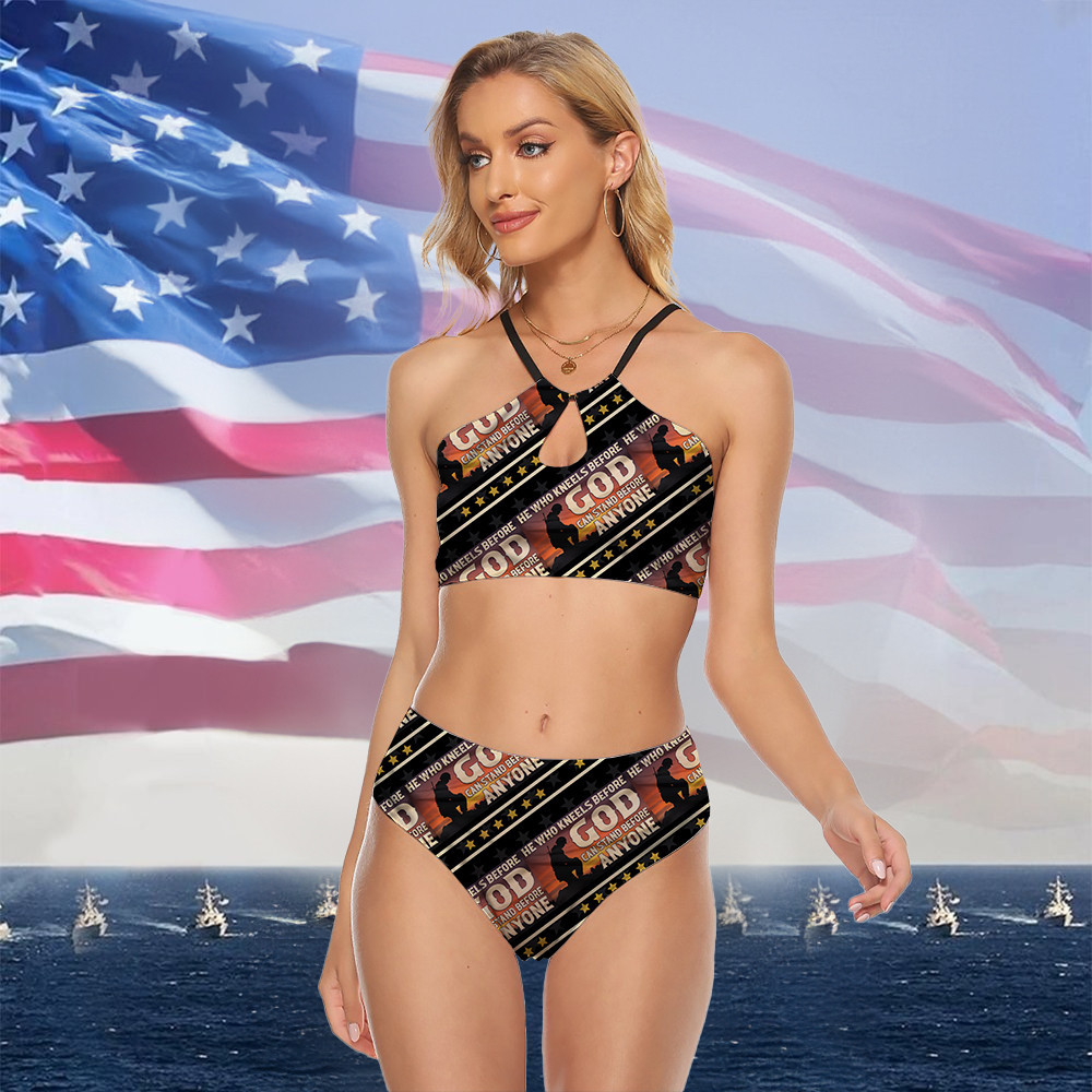 Toptrendygear He Who Kneels Before God Can Stand Before Anyone Women's Swimsuit Honoring Veterans Bikini