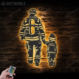 Father Son Firefighter Cut Metal Sign With LED Wall Art LED Light Fireman Sign Home Decor Fire Department Nursery Decoration Birthday Christmas Housewarming   Without LED 12 inches