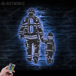 Father Son Firefighter Cut Metal Sign With LED Wall Art LED Light Fireman Sign Home Decor Fire Department Nursery Decoration Birthday Christmas Housewarming   Without LED 24 inches