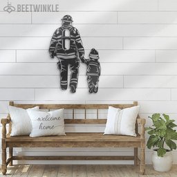 Father Son Firefighter Cut Metal Sign With LED Wall Art LED Light Fireman Sign Home Decor Fire Department Nursery Decoration Birthday Christmas Housewarming   Without LED 30 inches