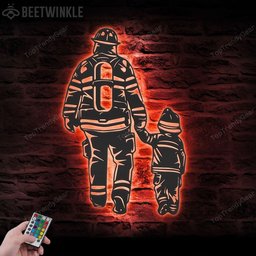 Father Son Firefighter Cut Metal Sign With LED Wall Art LED Light Fireman Sign Home Decor Fire Department Nursery Decoration Birthday Christmas Housewarming   Without LED 36 inches