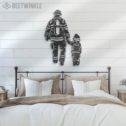 Father Son Firefighter Cut Metal Sign With LED Wall Art LED Light Fireman Sign Home Decor Fire Department Nursery Decoration Birthday Christmas Housewarming   With LED 8 inches
