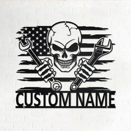 Custom US Skull Mechanic Cut Metal Sign With LED Light, Personalized Mechanic Garage Name Sign Decoration For Room, Mechanic Metal LED Decor    Without LED 14 inches